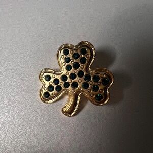 Vintage IRISH Green Rhinestone CLOVER SHAMROCK Brooch Pin